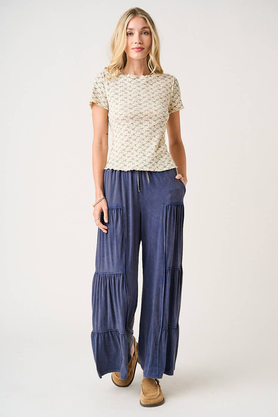 MINERAL WASH TIERED WIDE LEG ELASTIC WAIST PANTS