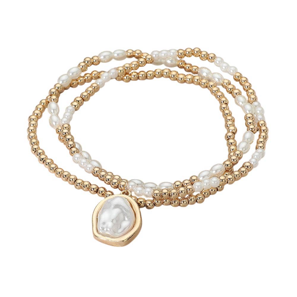 3PCS - Pearl Charm Beaded Stretch Multi Layered Bracelets