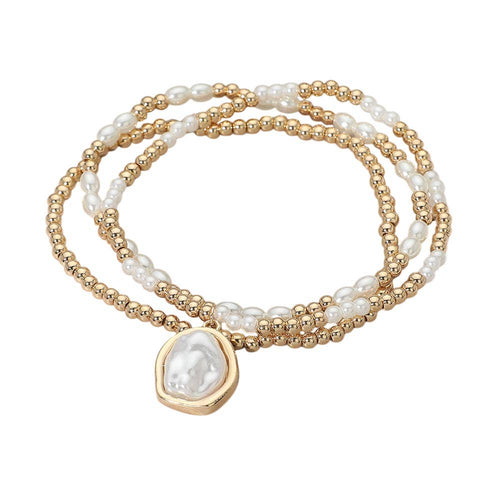 3PCS - Pearl Charm Beaded Stretch Multi Layered Bracelets