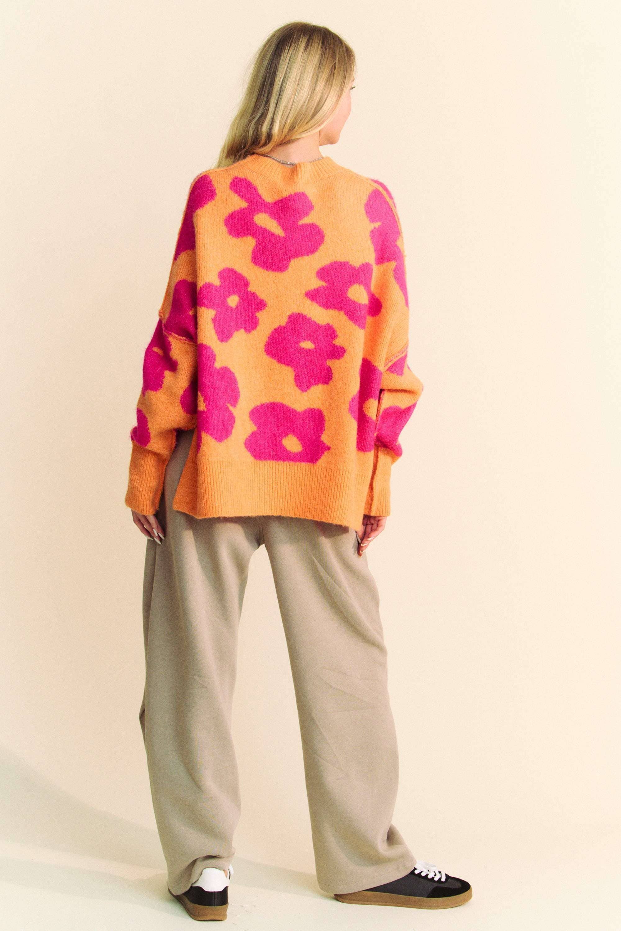 FLORAL LONG SLEEVE LOOSE FIT PULLOVER KNIT SWEATER