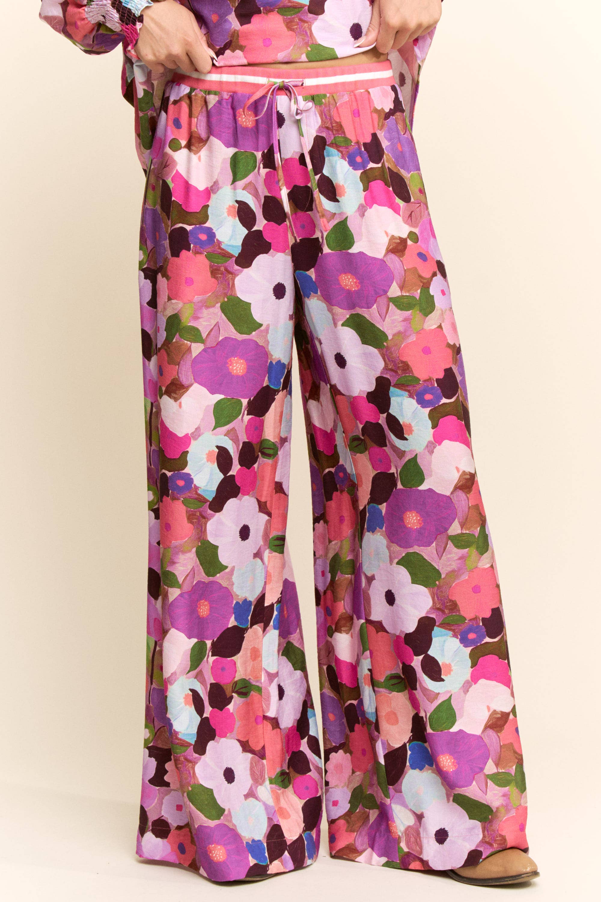 FLORAL PRINT WIDE-LEG PANTS WITH DRAWSTRING WAIST