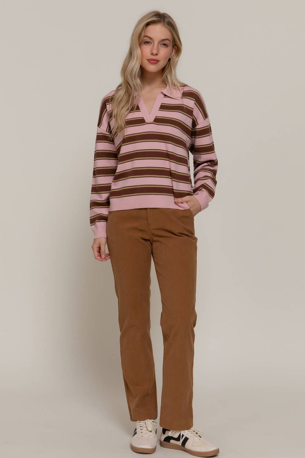 Long Sleeve Multi Stripe Polo Sweater