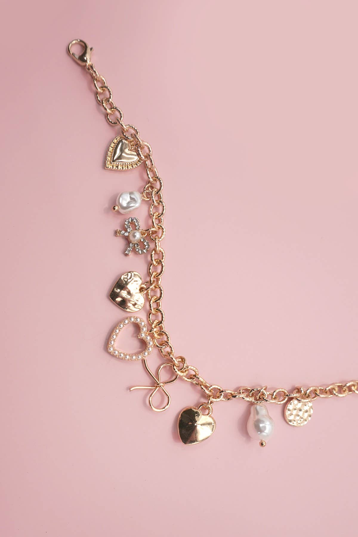 CHARM BRACELET-BOW HEART PEARL DISC CHARMS | 80B1290