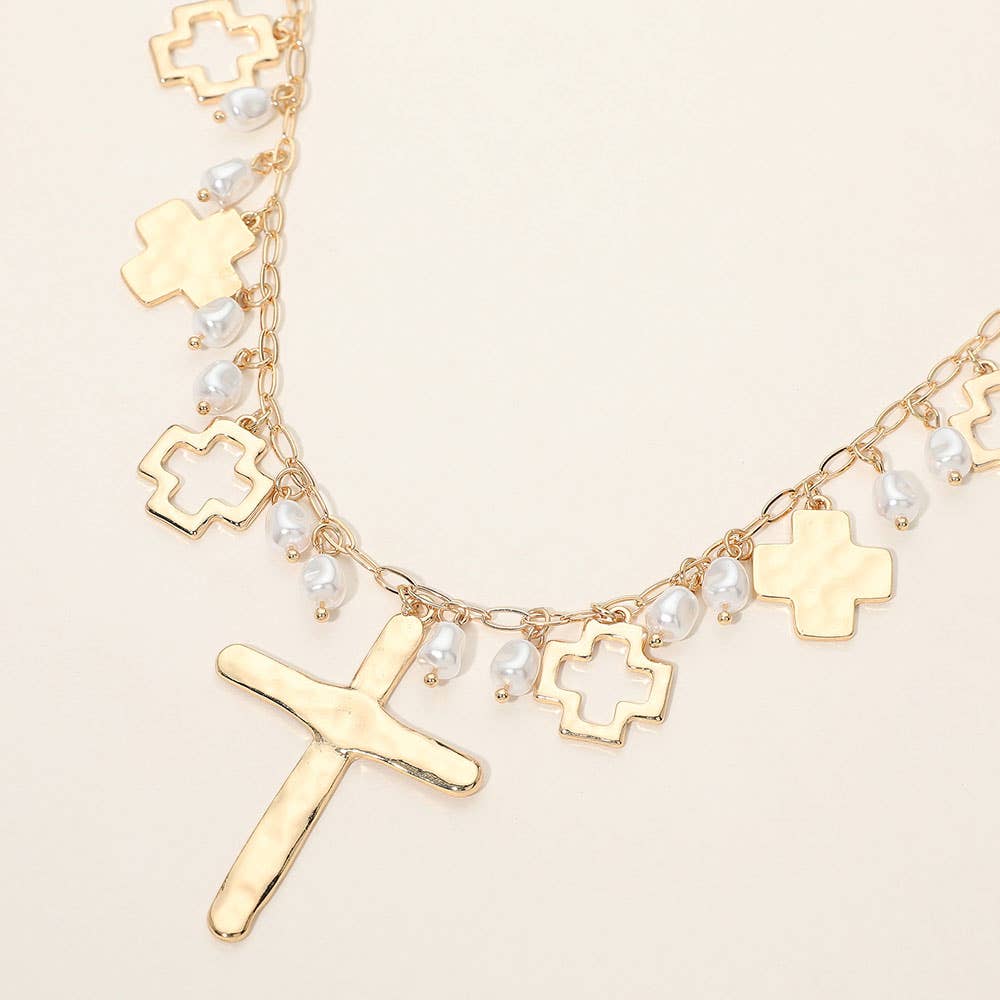 Hammered Metal Cross Pearl Charm Embellished Necklace