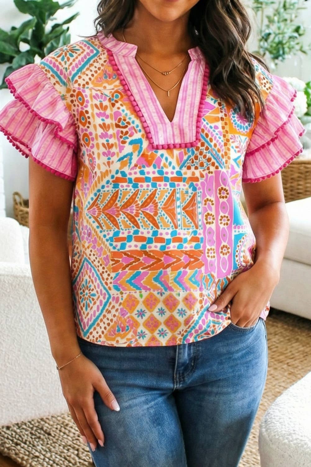 Boho Mixed Print Ruffled Blouse