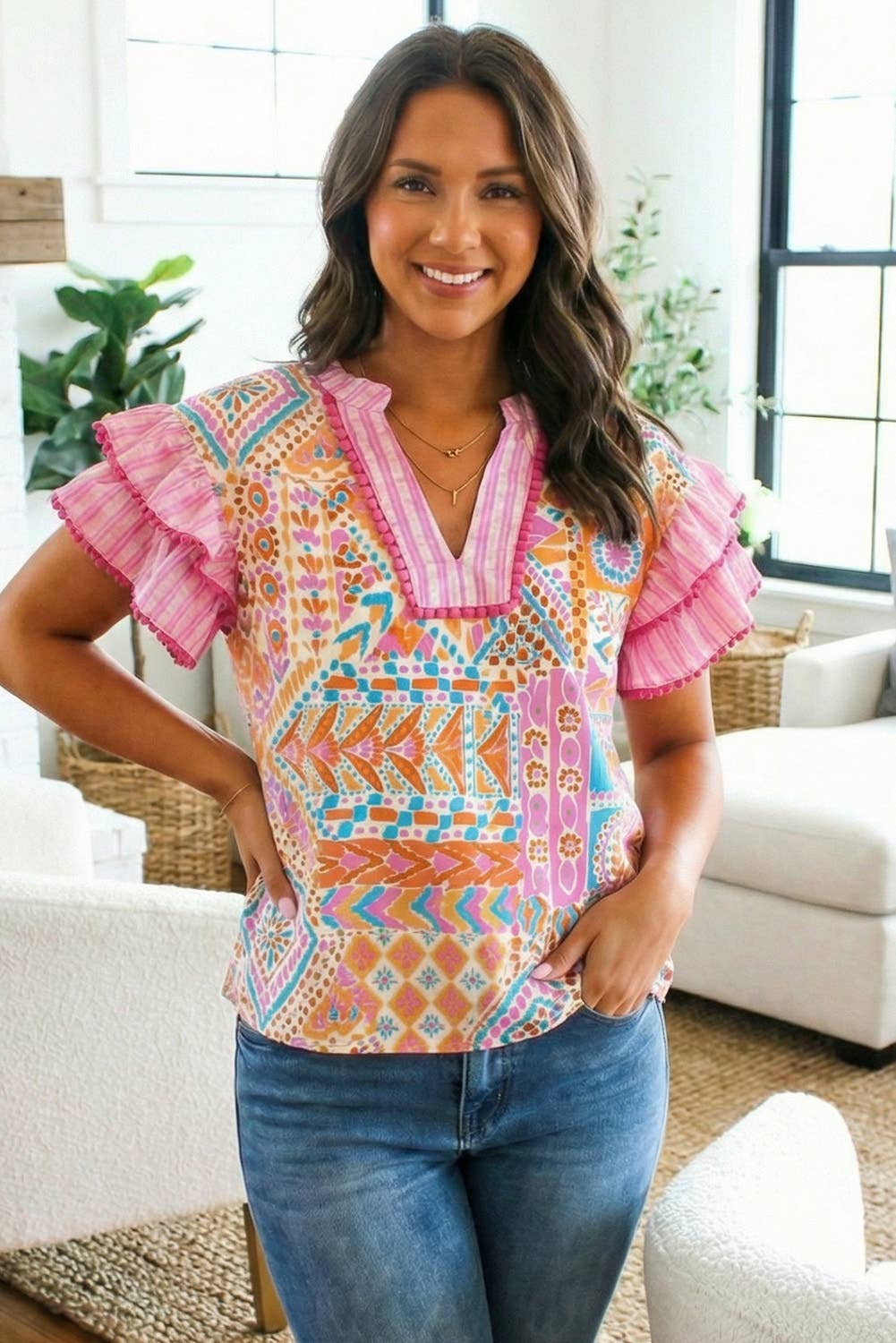 Boho Mixed Print Ruffled Blouse