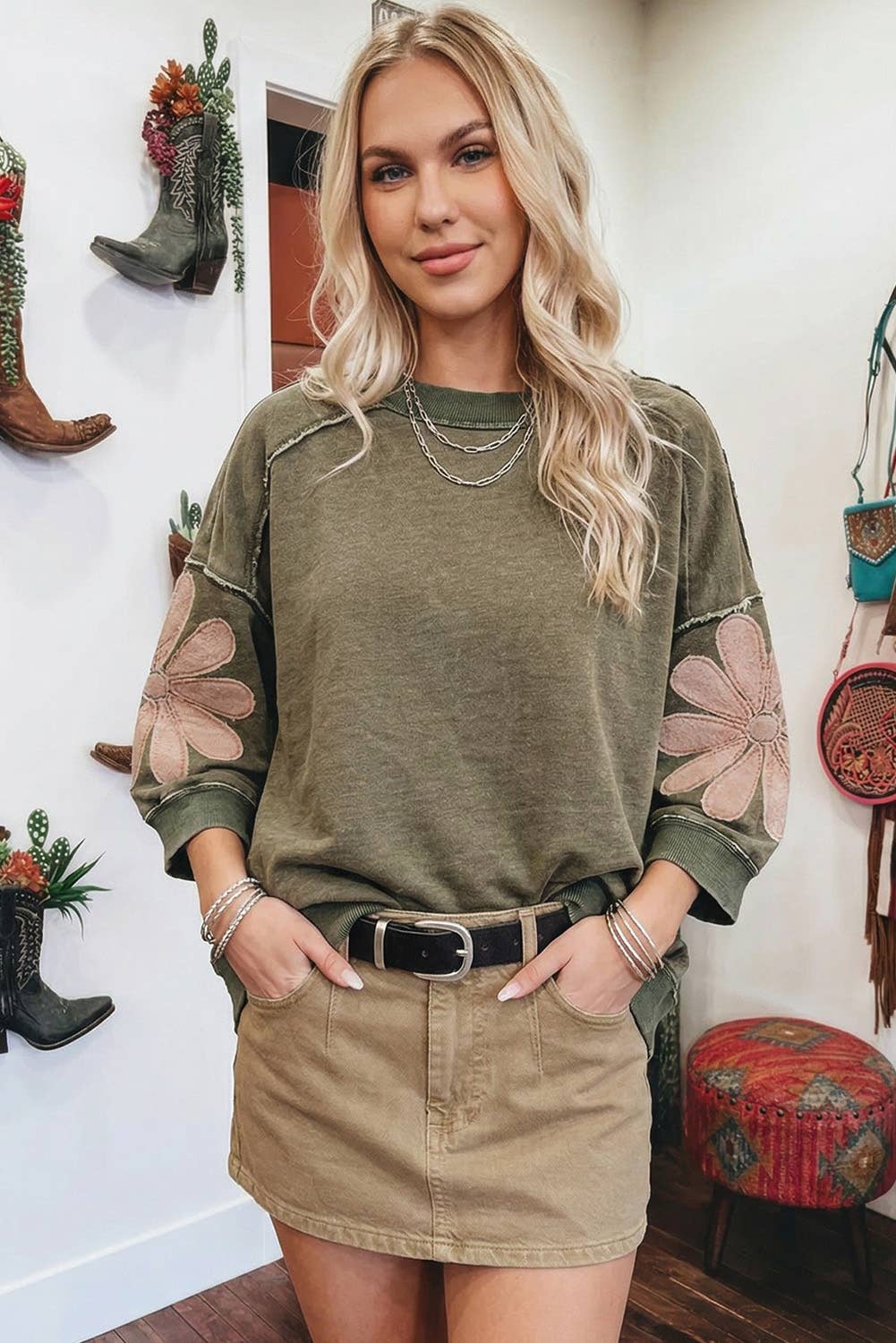 F/W Western Mineral Wash Raw Seam Patchwork 3/4 Sleeve Top