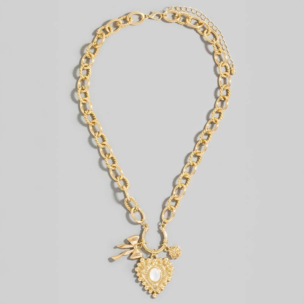 Heart And Ribbon Bow Pendants Chain Necklace