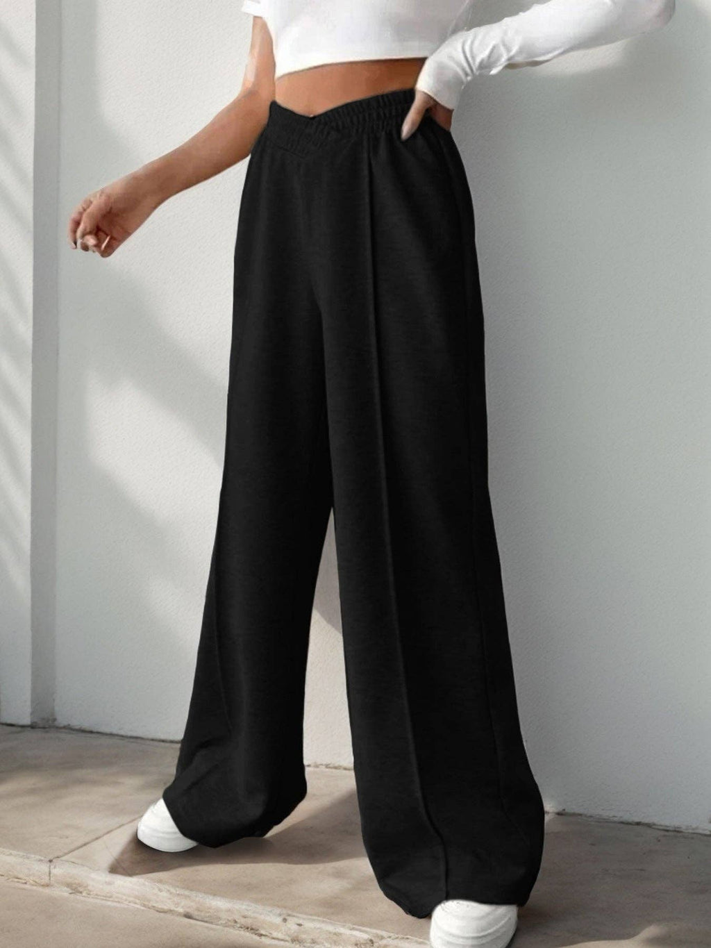 Solid Knit Wide Leg Pants High Waist Athleisure