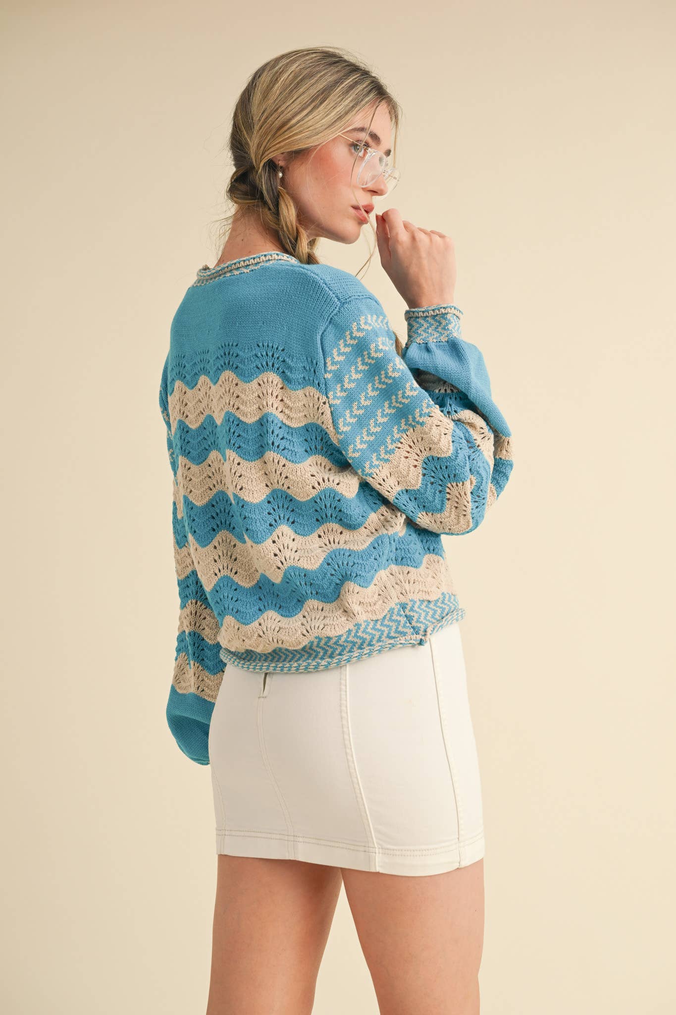WAVY STRIPE PUFF SLEEVE SWEATER MSW10693