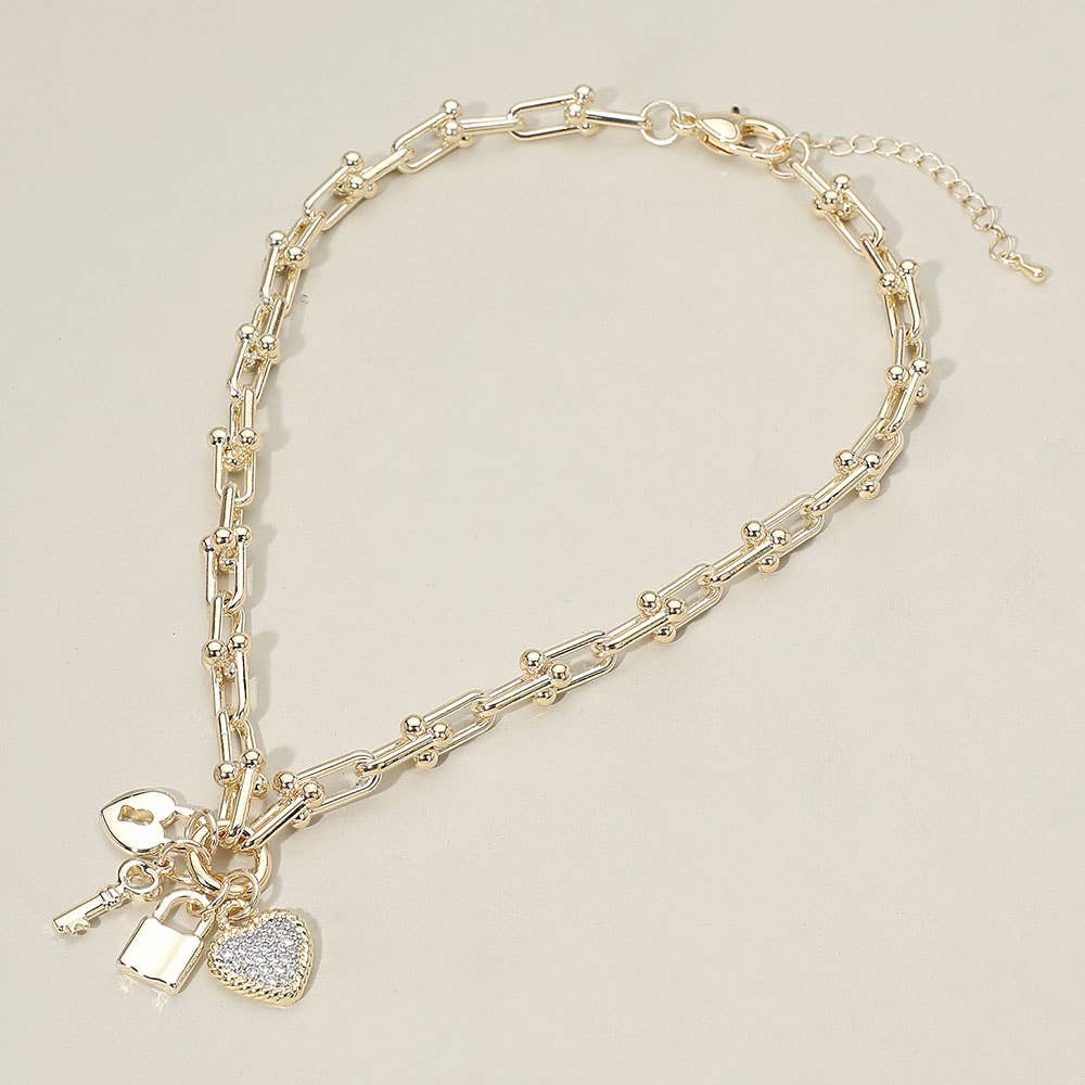 14K Gold Plated CZ Stone Paved Heart Key Lock Charm Industrial Link Chain Necklace
