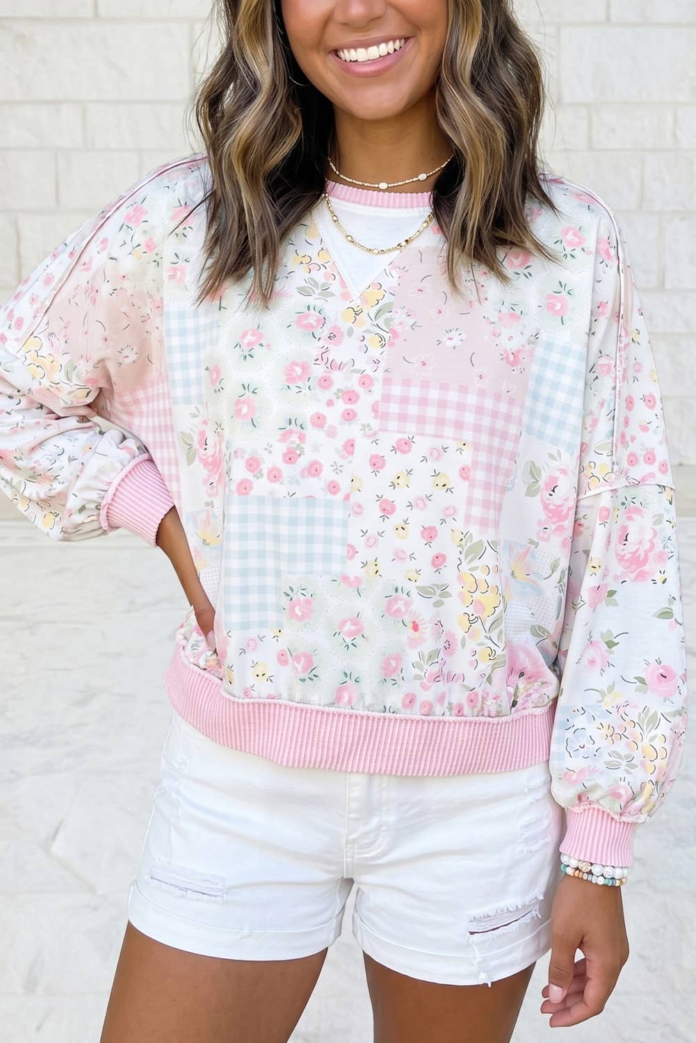Floral Twisted Rib Patchwork Loose Long Sleeve Top S–4X