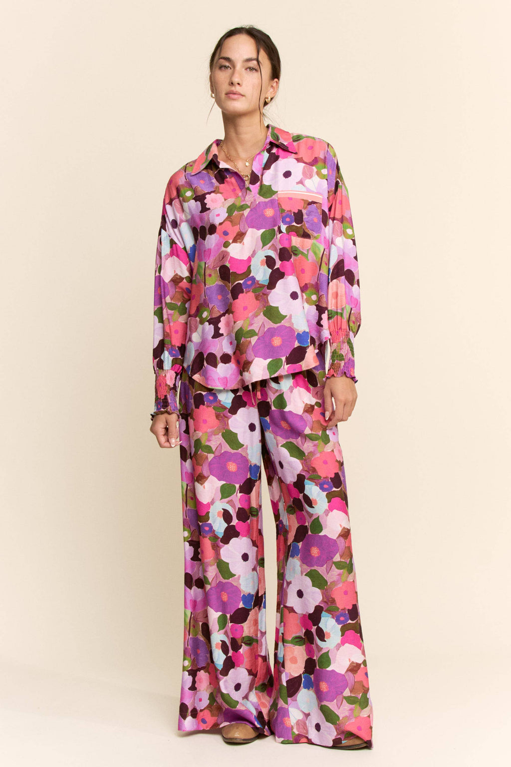 FLORAL PRINT WIDE-LEG PANTS WITH DRAWSTRING WAIST