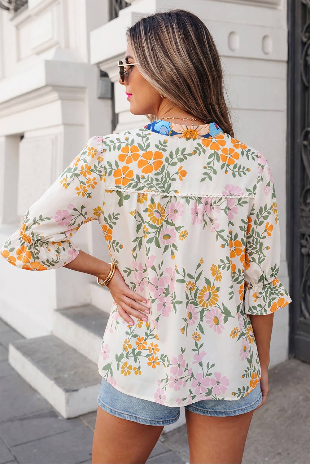 Boho Floral Crochet V Neck Half Sleeve Blouse | S-XL & 1X-4X
