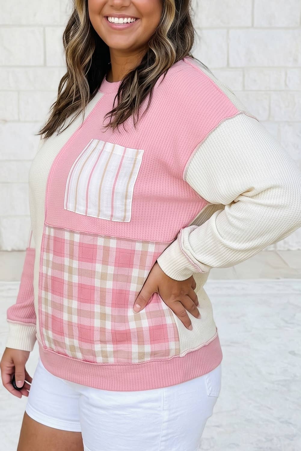Colorblock Plaid Panel Long Sleeve Plus Size Blouse