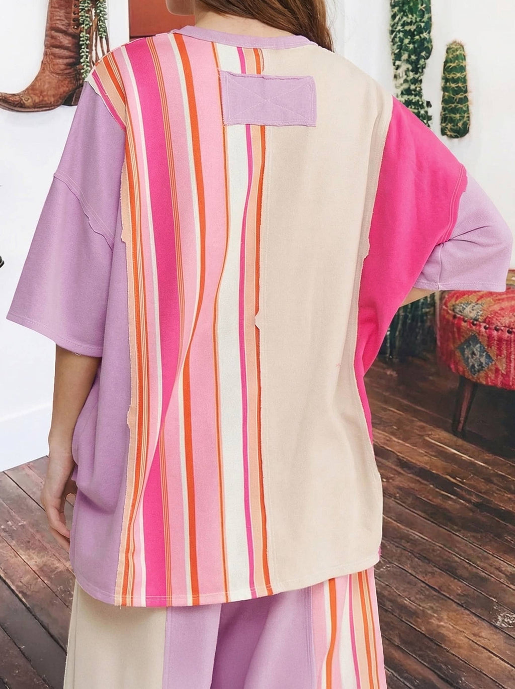 Striped Color Block Flower Patched Half Sleeve Summer Top