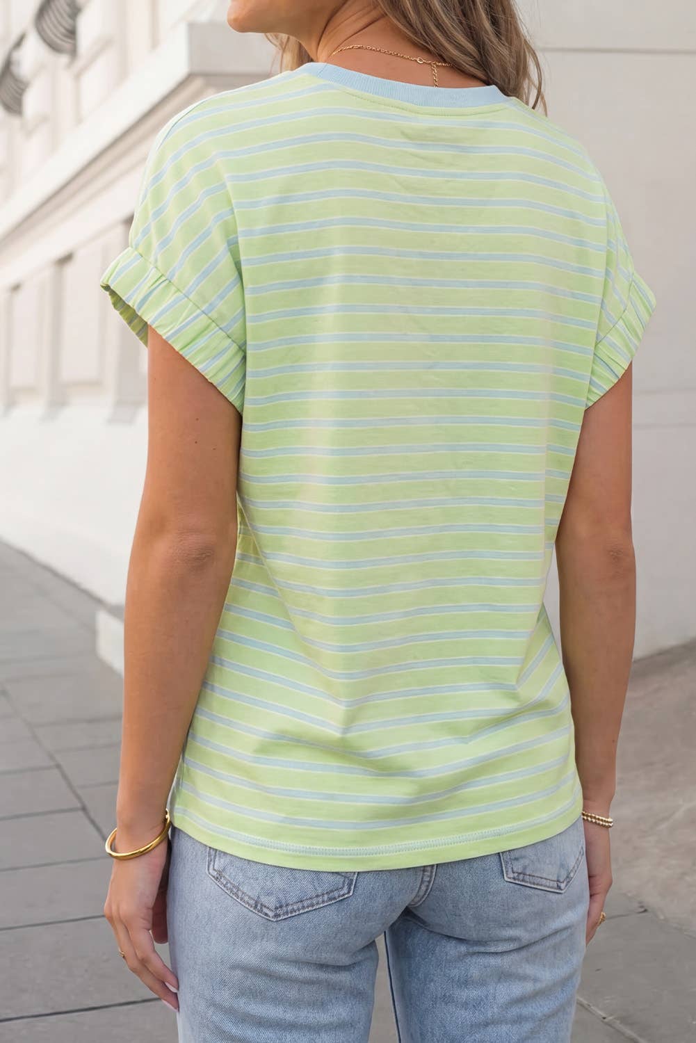Striped Print Cuffed Short Sleeve Top | S-XL