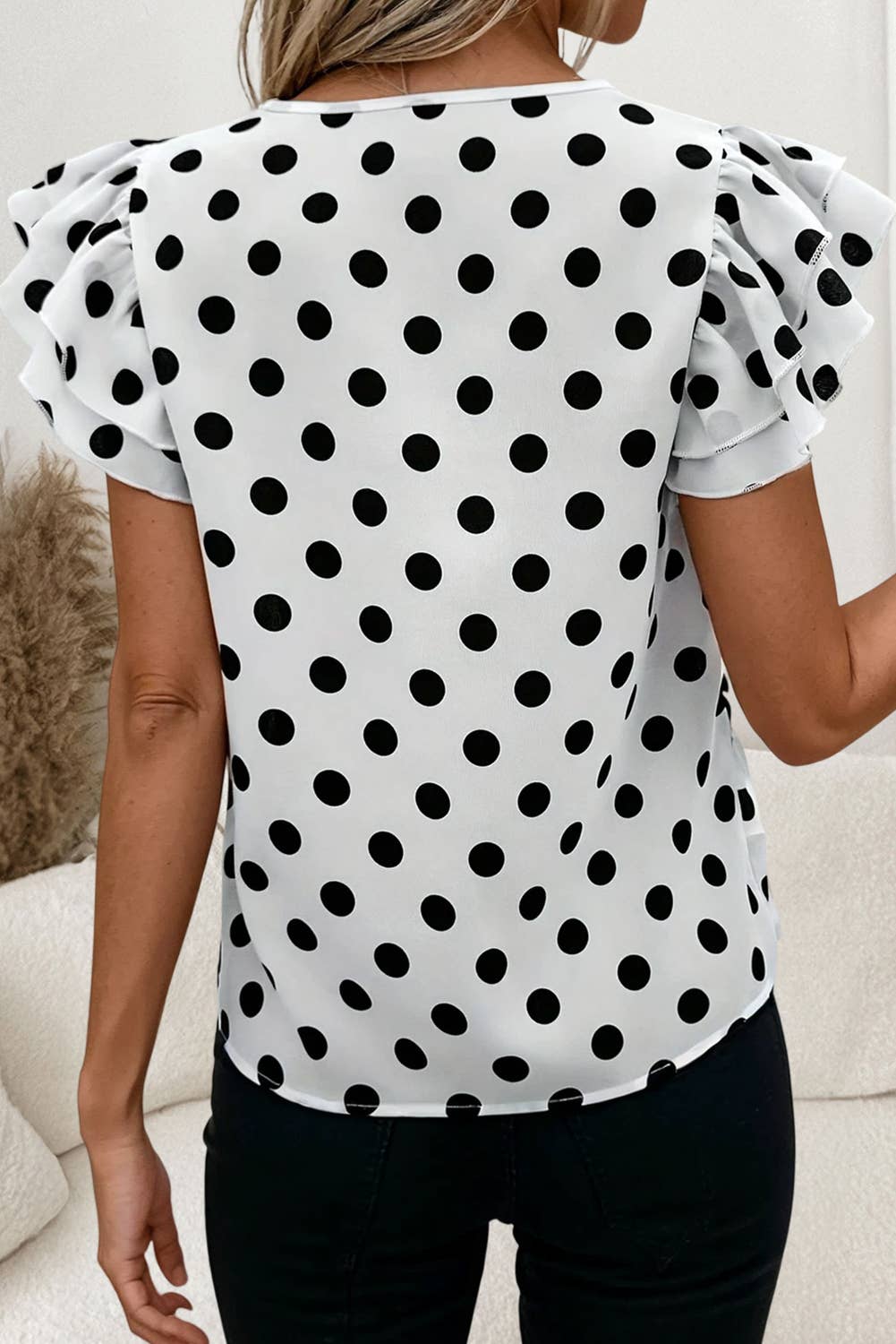 Polka Dot Ruffle Sleeve Short Sleeve Blouse | S-XL
