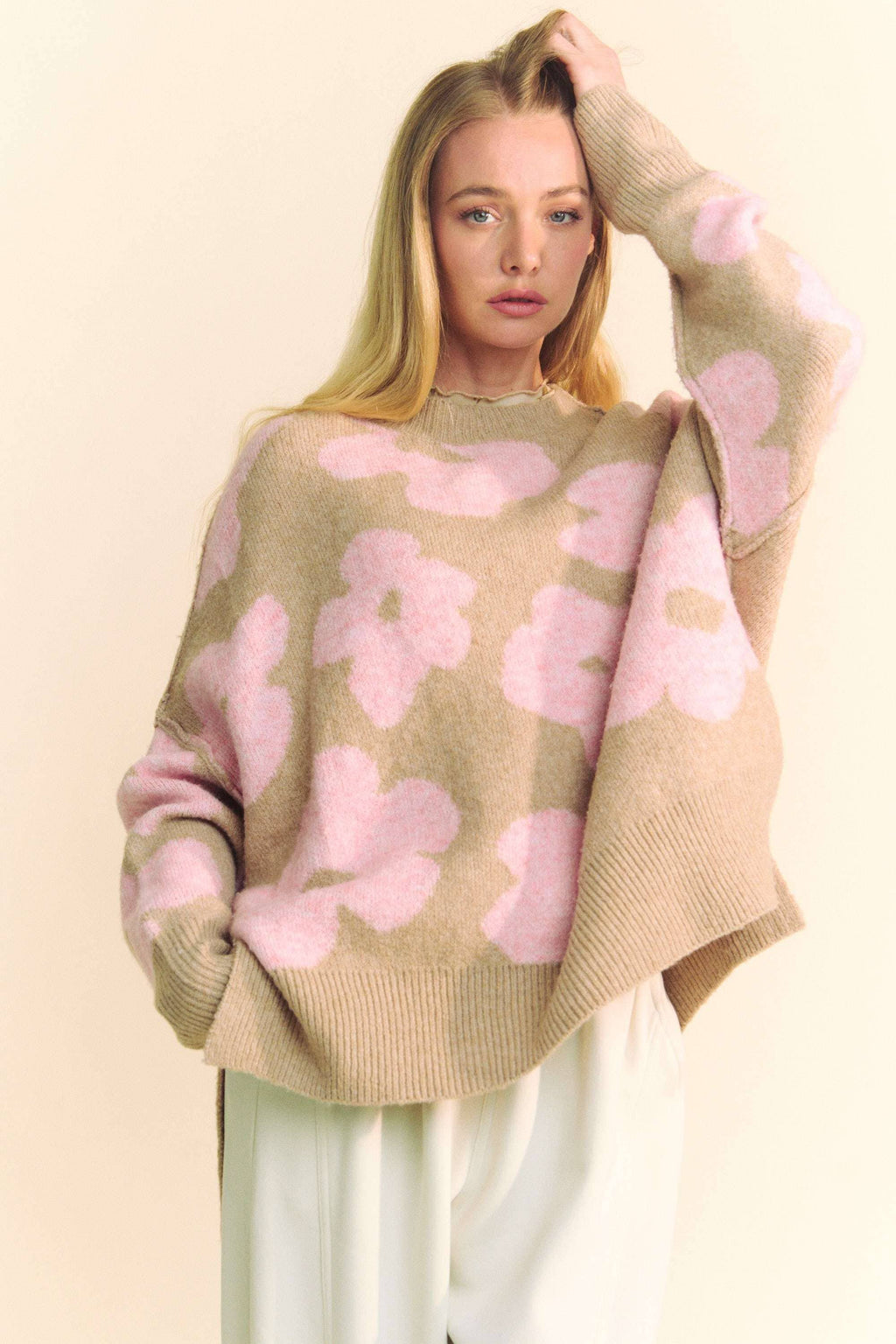 FLORAL LONG SLEEVE LOOSE FIT PULLOVER KNIT SWEATER