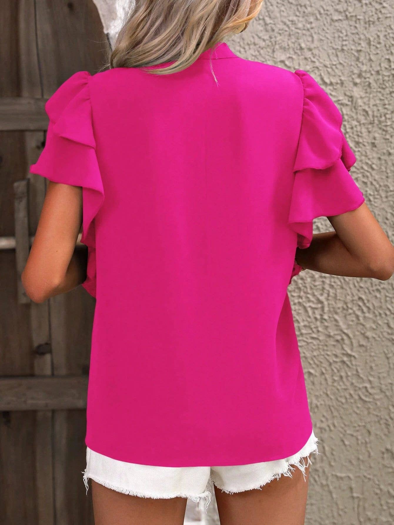 V-Neck Double-Layer Lotus Leaf Sleeve Solid Color Casual Top