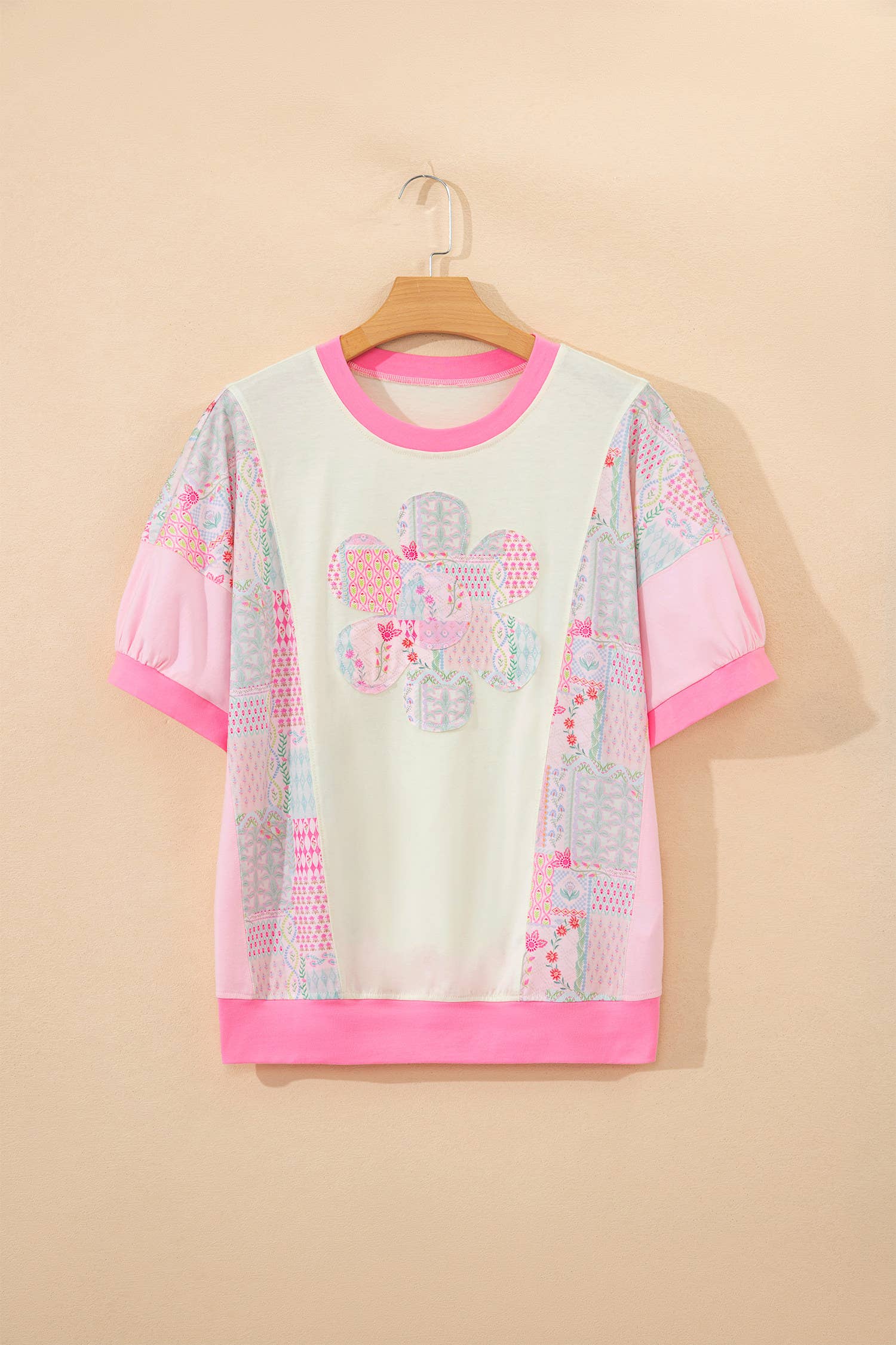 Plus Size Boho Patchwork Flower Power Round Neck Tee (S-4X)