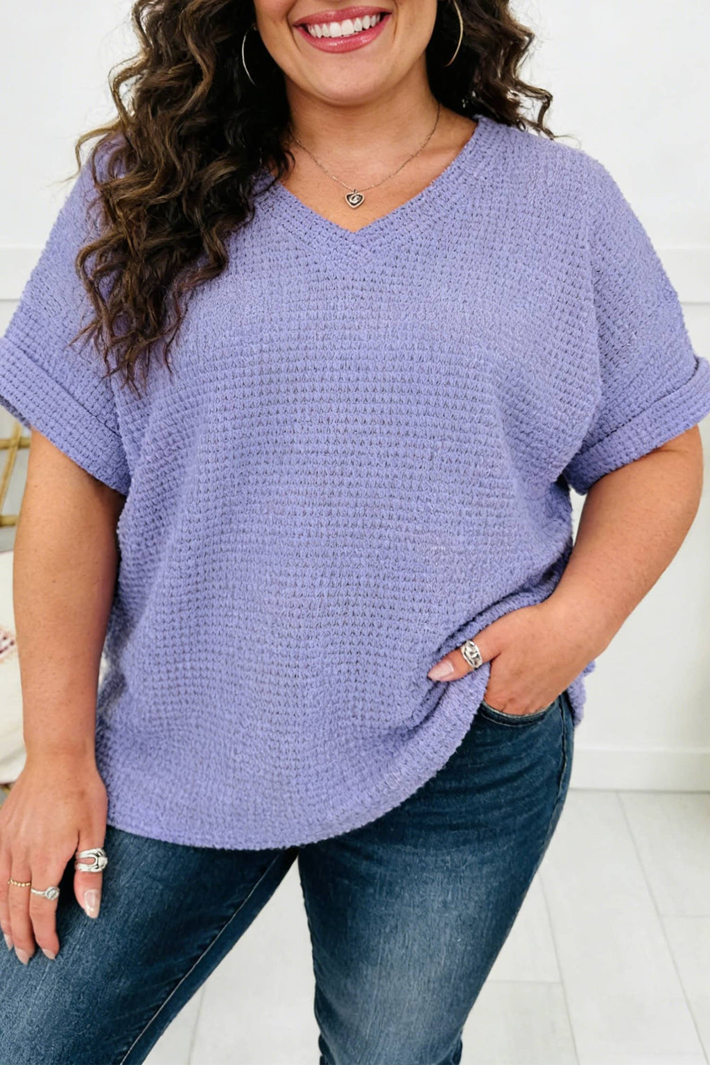 Plus Size Waffle V Neck Short Sleeve Knit Top (S-4X)