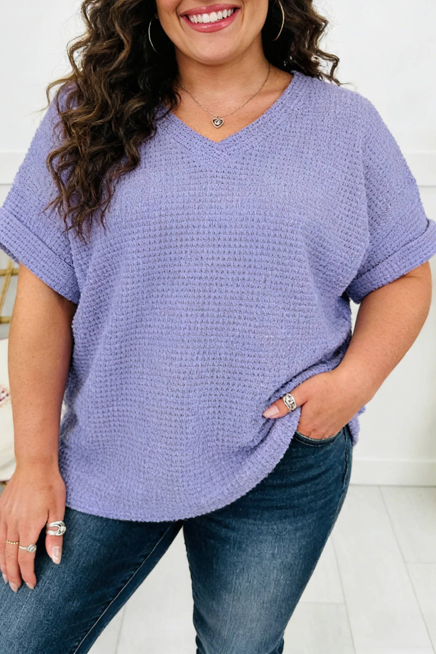 Plus Size Waffle V Neck Short Sleeve Knit Top (S-4X)