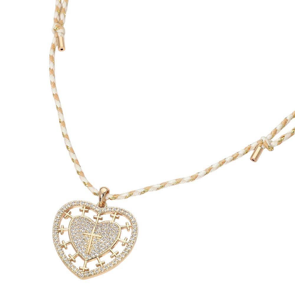 Heart Cross Pendant Twisted Thread Adjustable Necklace