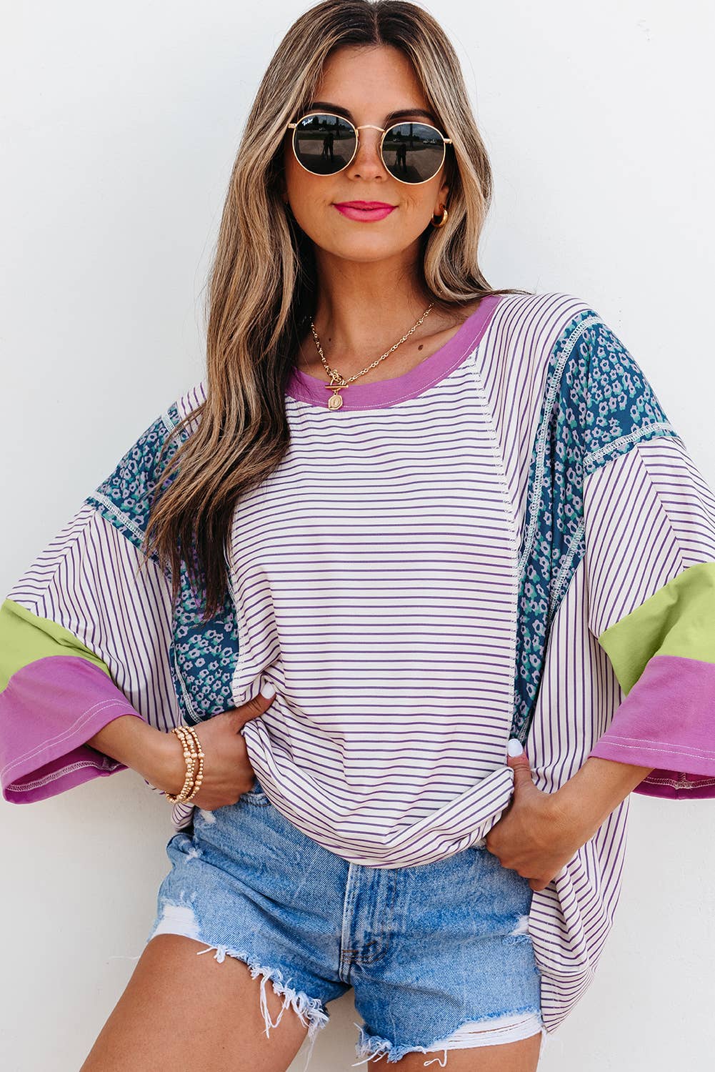Stripe Floral Raw Edge Patchwork Bracelet Sleeve Top | S-XL