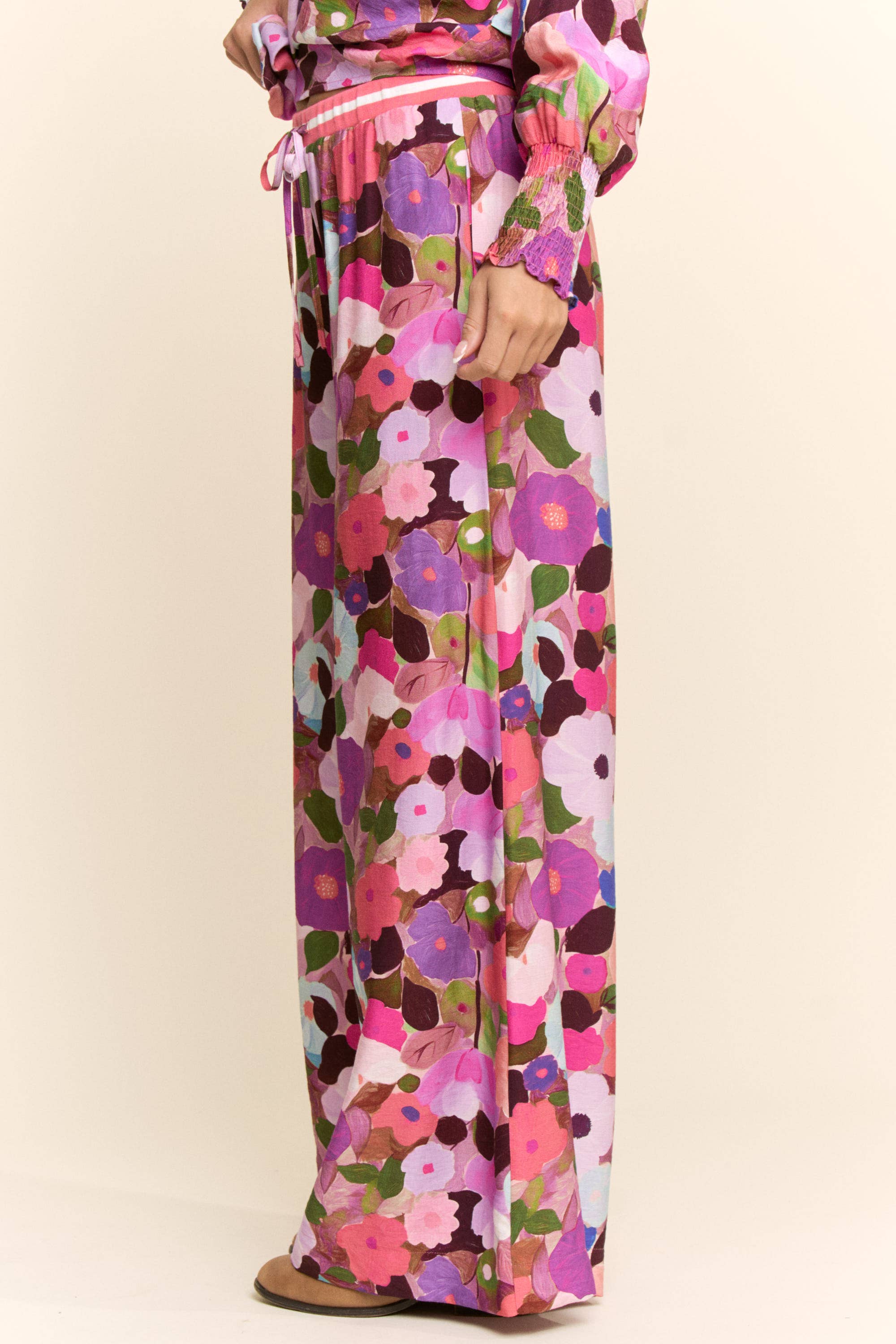 FLORAL PRINT WIDE-LEG PANTS WITH DRAWSTRING WAIST
