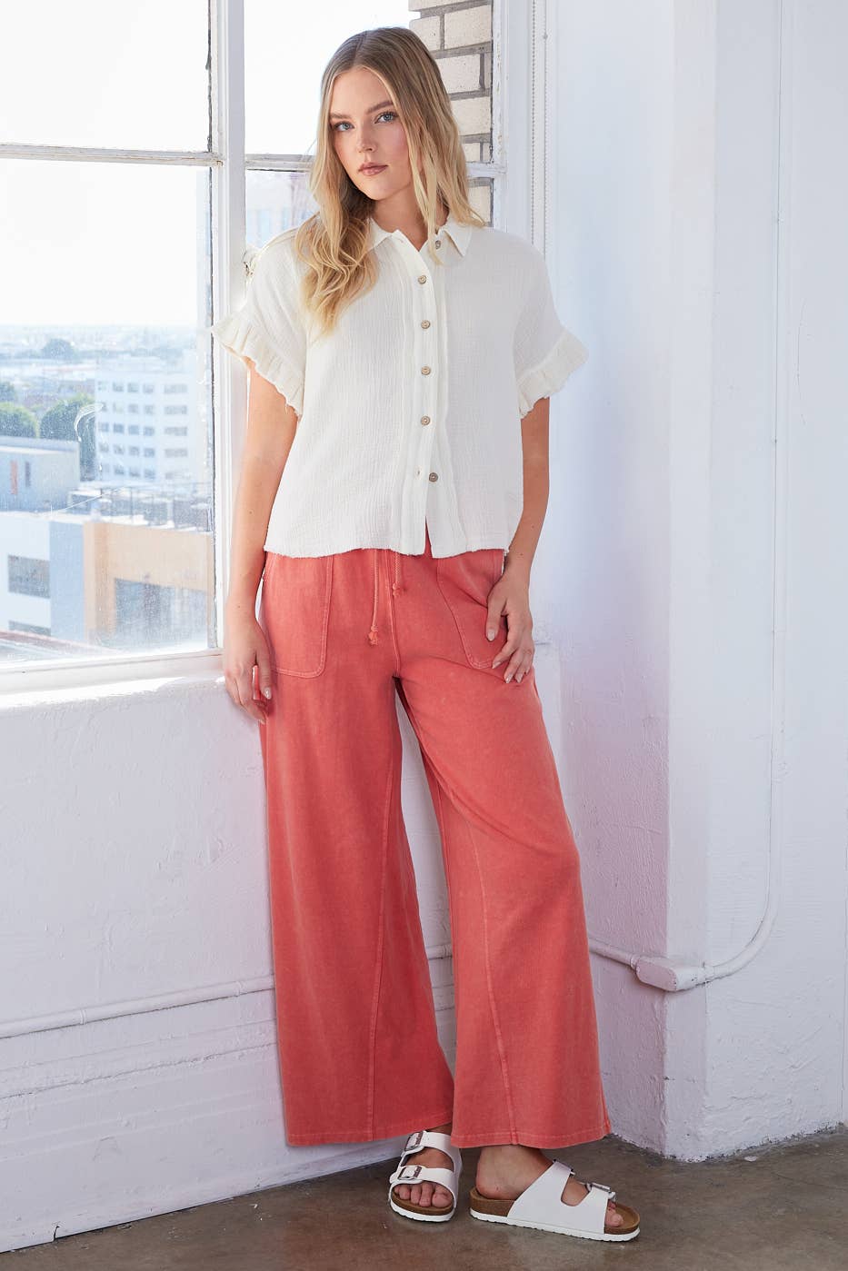MINERAL WASH FRENCH TERRY WIDE LEG PANTS