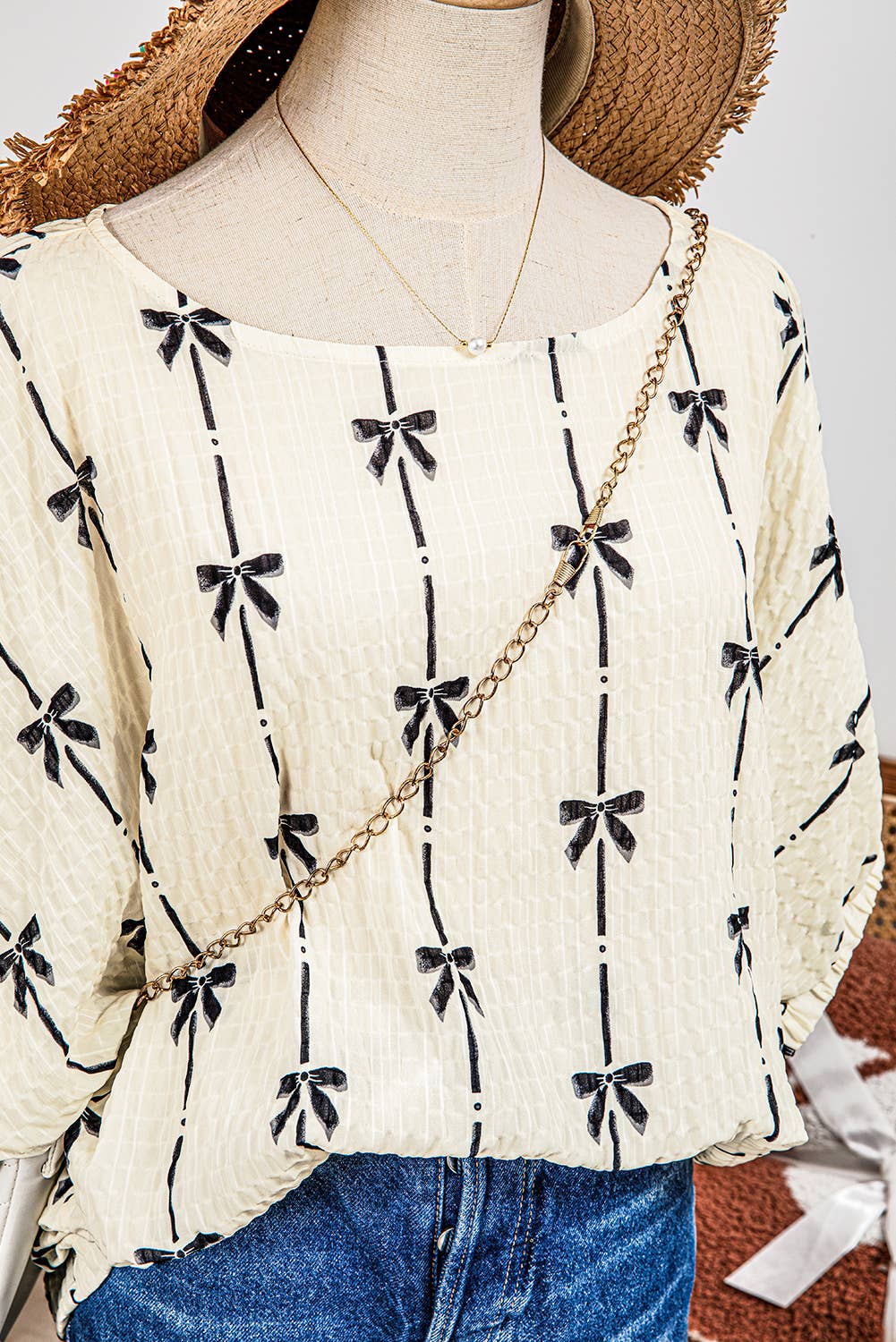 Spring Fashion-W Bow Print Puff Short Sleeve Top