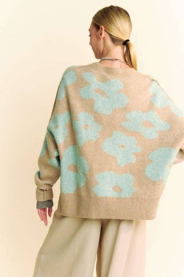 FLORAL LONG SLEEVE LOOSE FIT PULLOVER KNIT SWEATER