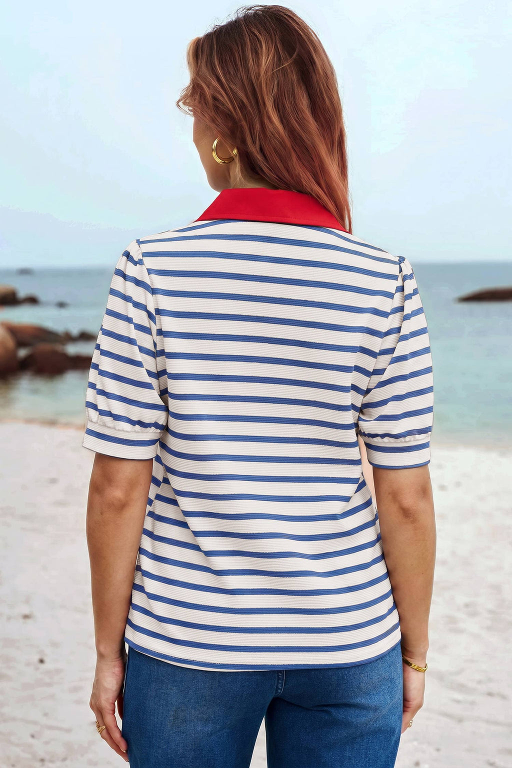 Short Puff Sleeve Color Block Polo Collar Blouse
