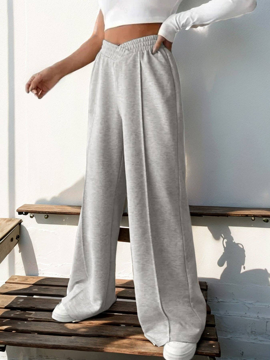 Solid Knit Wide Leg Pants High Waist Athleisure
