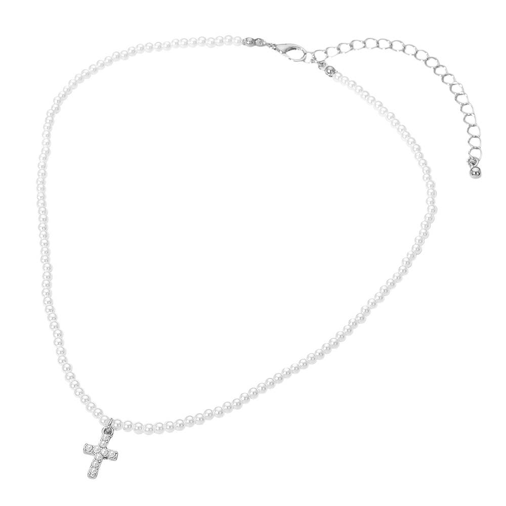 Cross Charm Pendant Pearl Beaded Choker Necklace