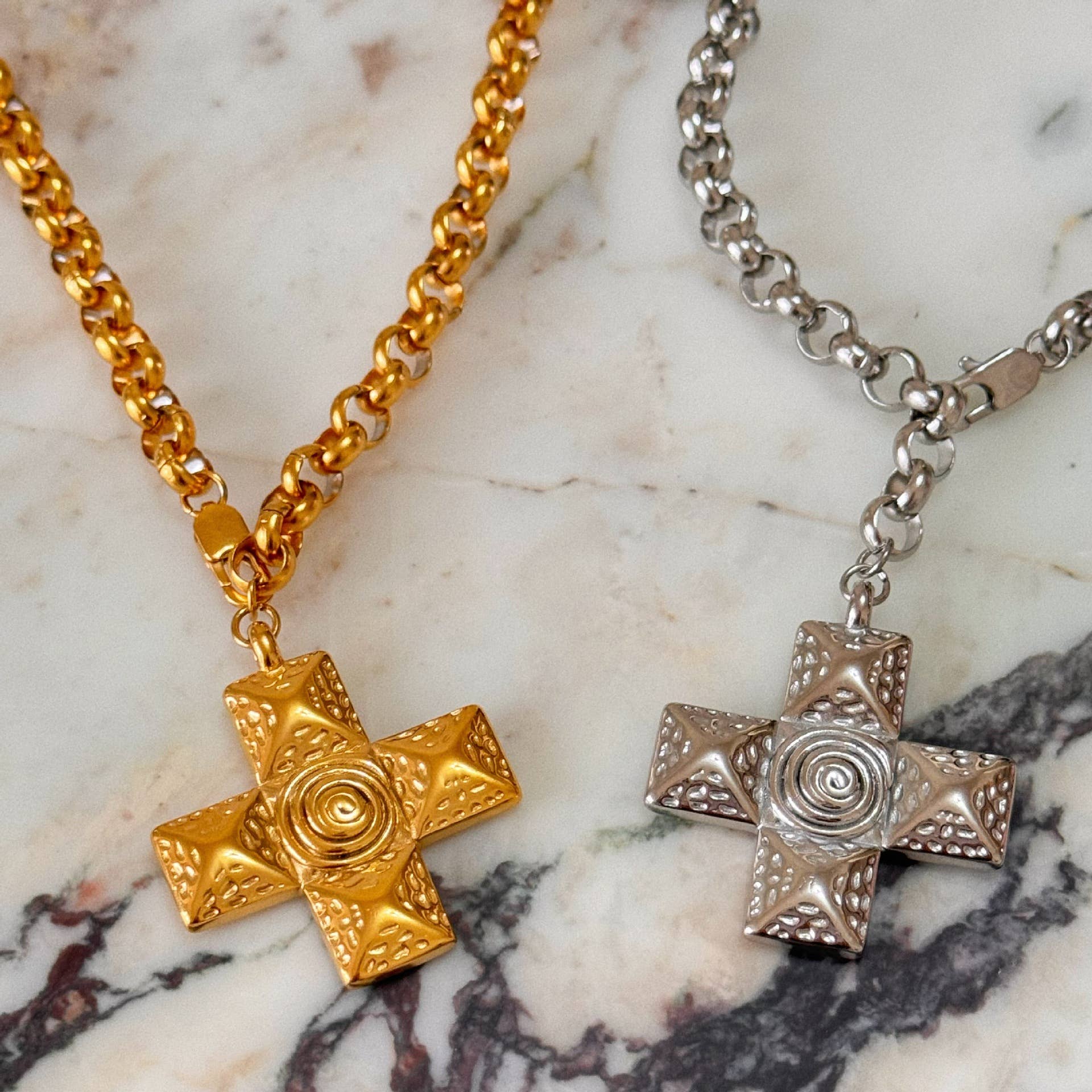 Chunky Cross Pendant Necklace in Silver or Gold