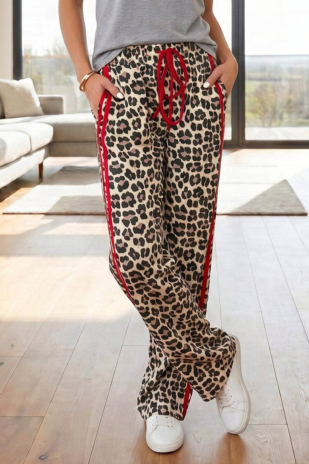Rose Side Stripe Leopard Wide leg Trousers