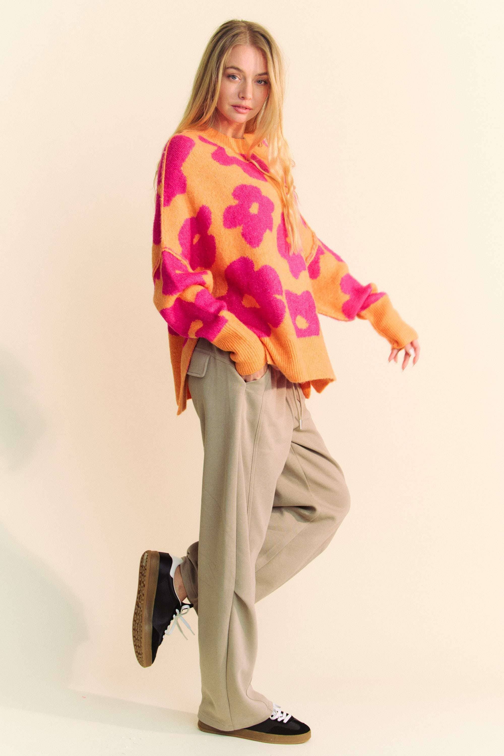 FLORAL LONG SLEEVE LOOSE FIT PULLOVER KNIT SWEATER