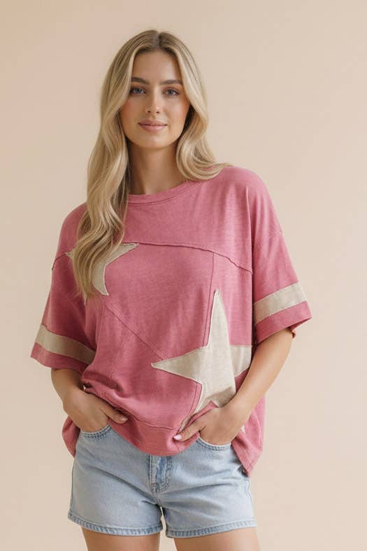 Star Patchwork Cotton Slub Knit Top