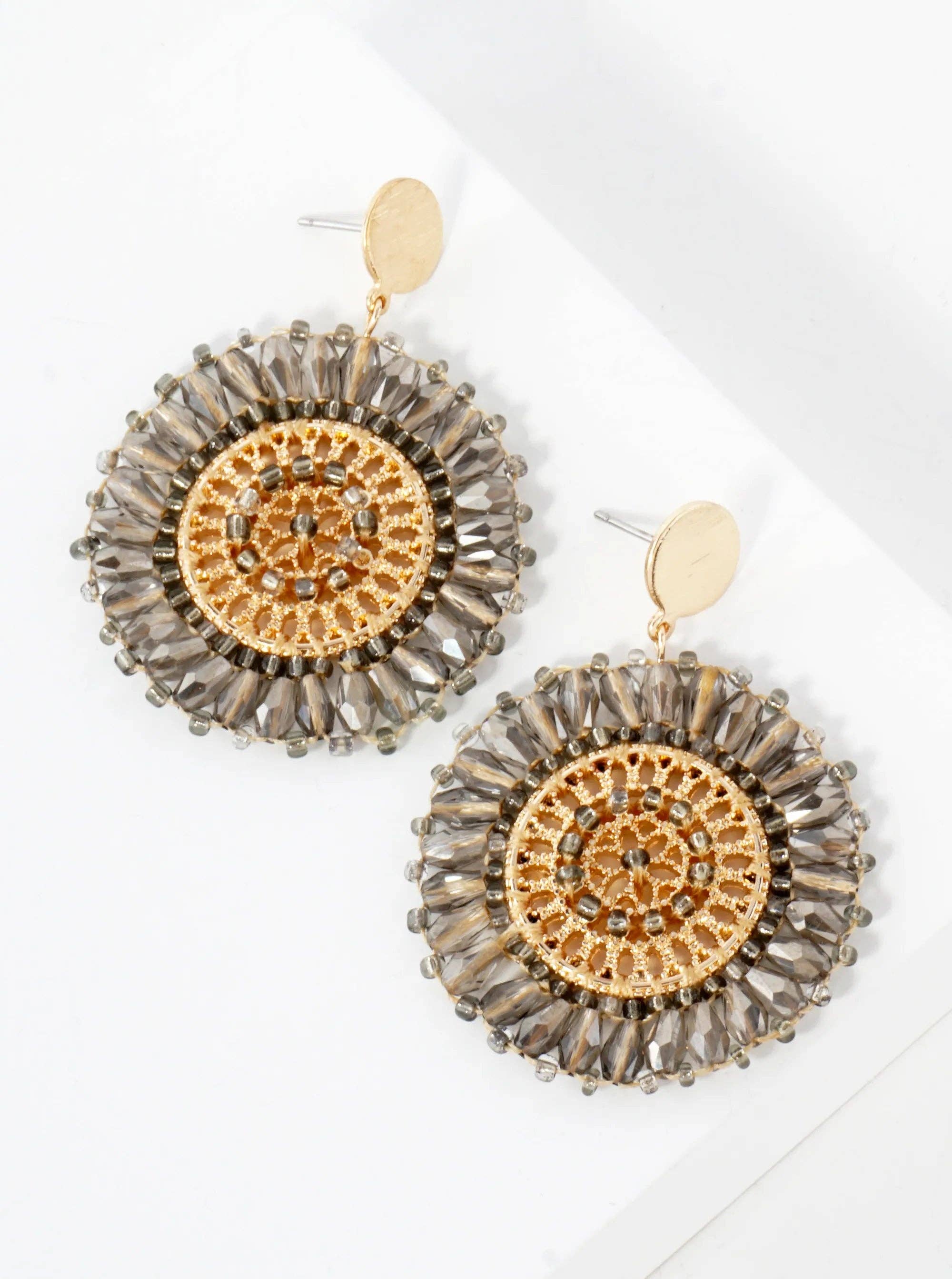 Faceted Glass-Beaded Filigree Circle Drop Earrings