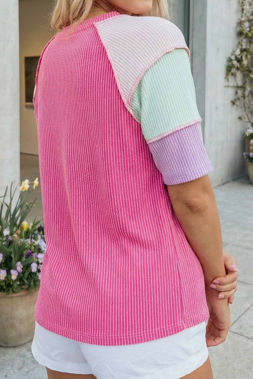 66 Plus Size Twisted Rib Color Block Henley Top (S-4X)
