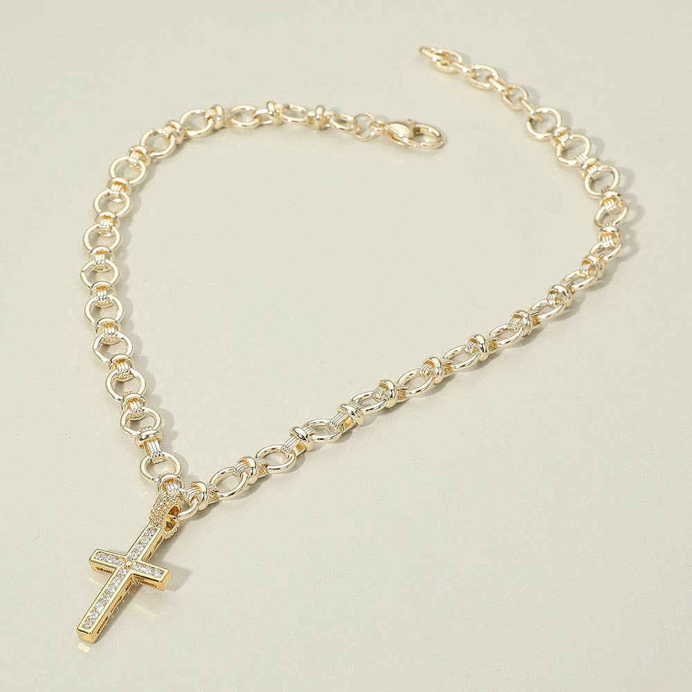 14K Gold Plated CZ Stone Paved Cross Pendant Chunky Circle Link Chain Necklace