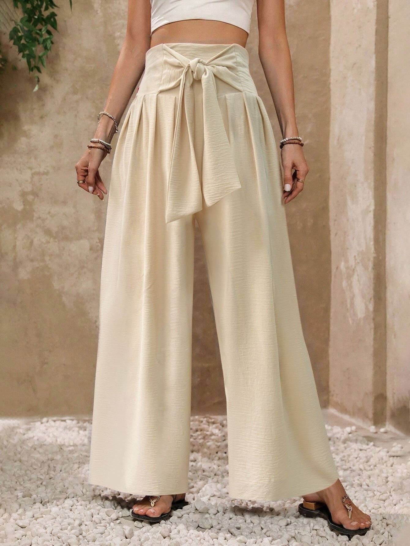 Tie Front Textured Wide Leg Palazzo Pants