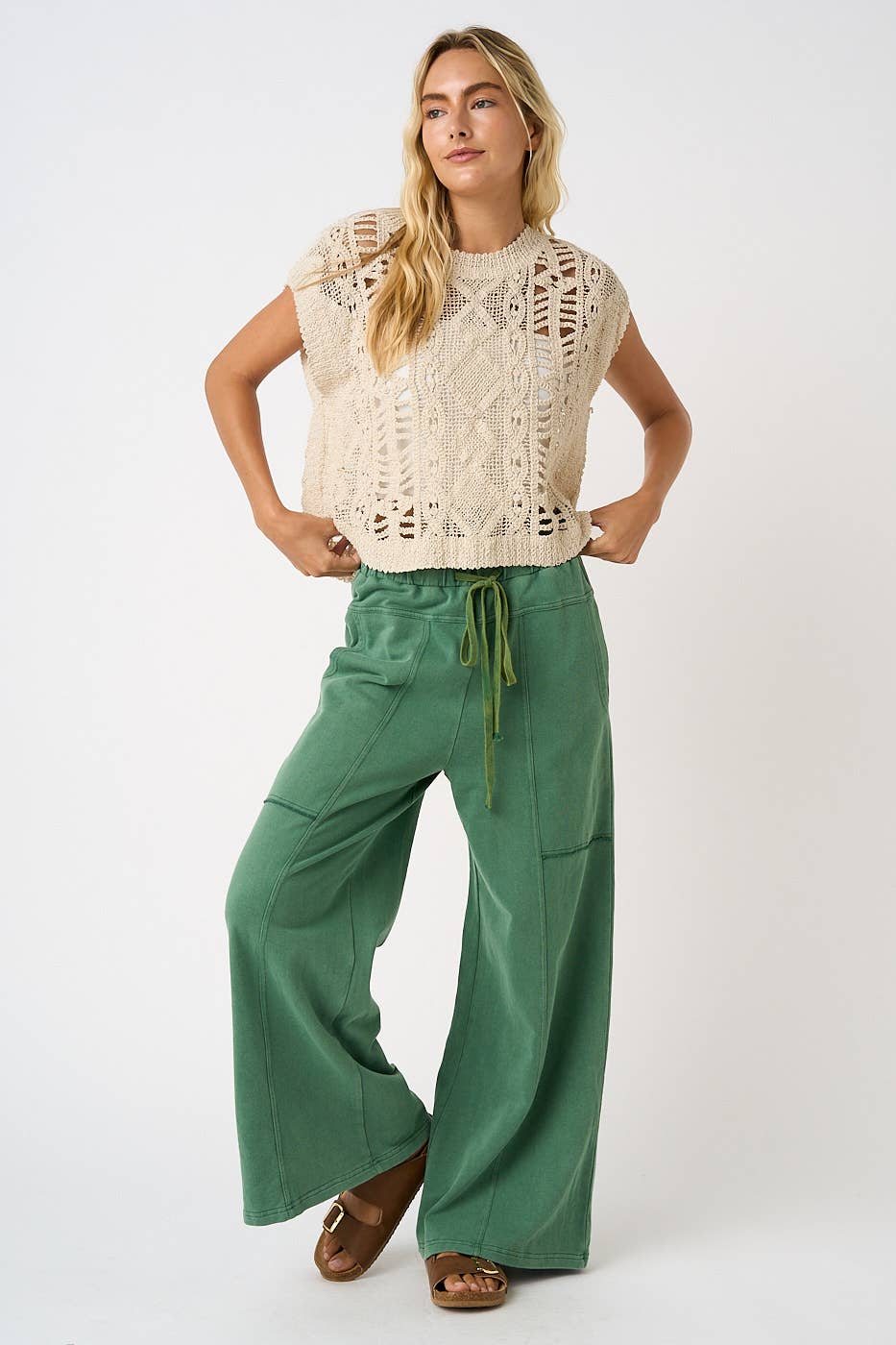 MINERAL WASH SEAM DETAIL WIDE LEG PANTS