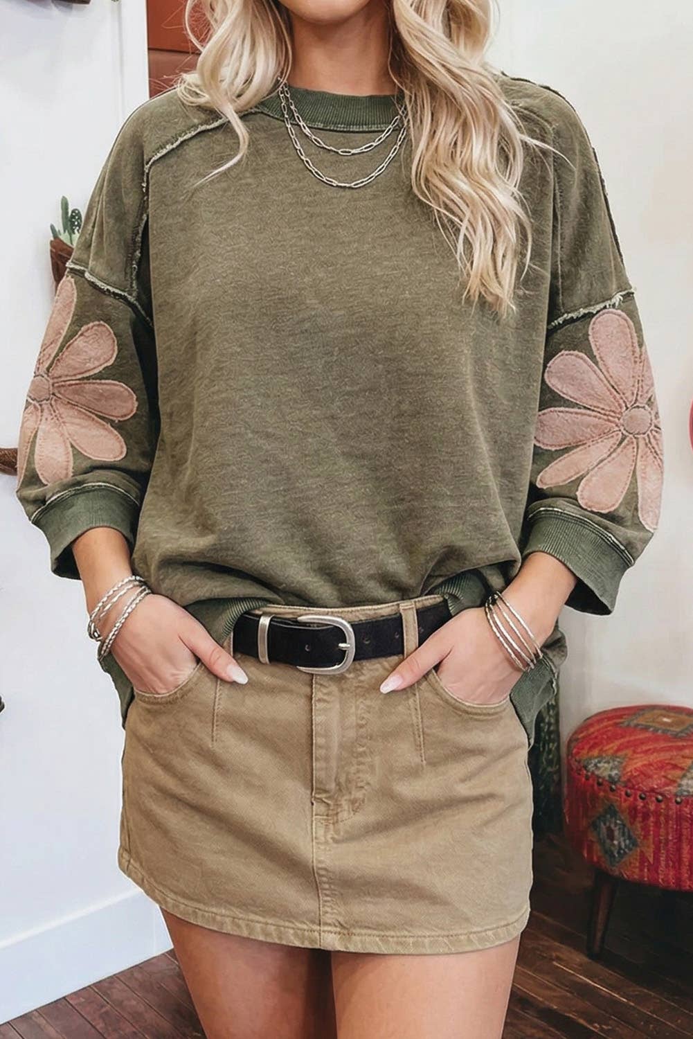 F/W Western Mineral Wash Raw Seam Patchwork 3/4 Sleeve Top