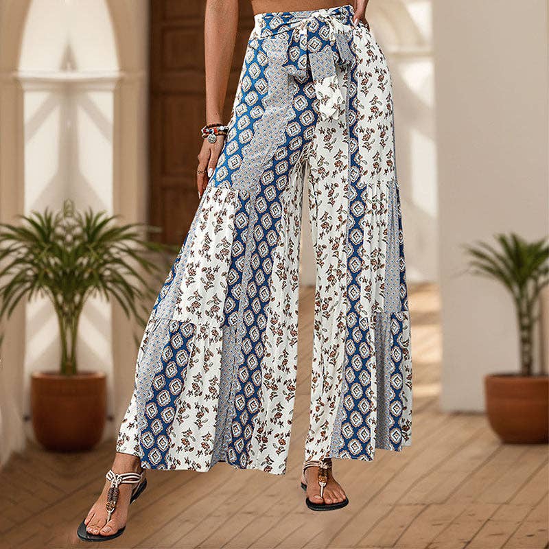 Printed Rayon Pants Boho Tie Waist Wide Leg