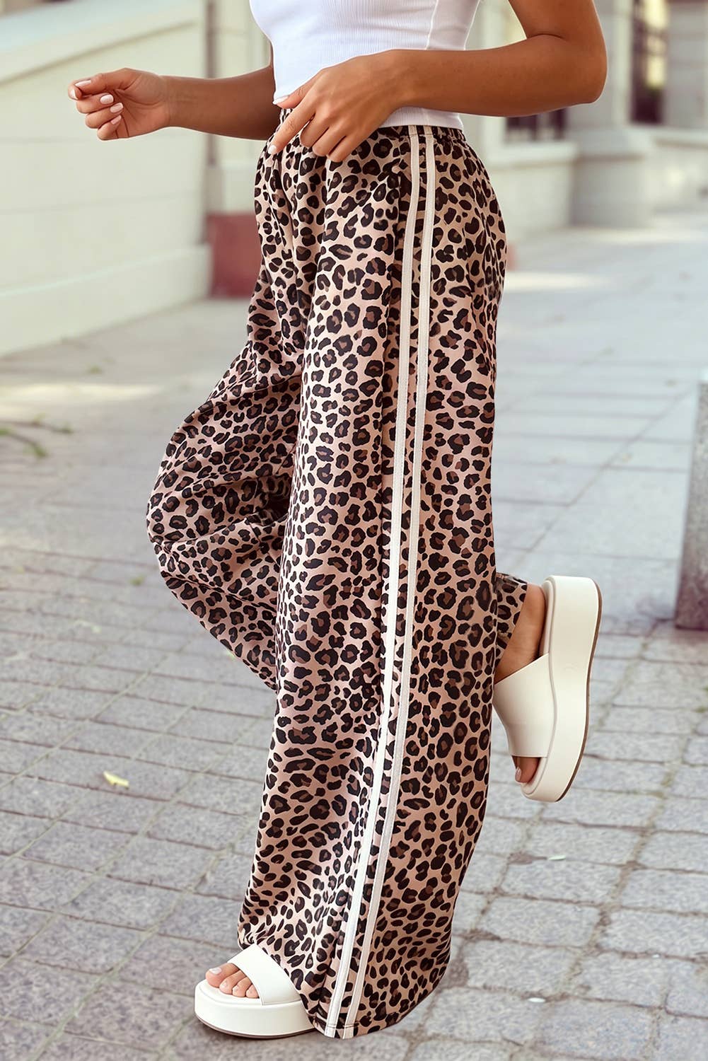 Leopard Side Stripe Detail Casual Full-Length Pants S–4X