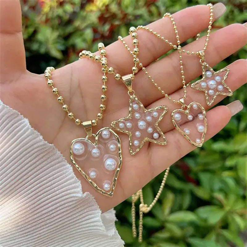 Beaded Necklace with Heart or Star Pendant with Pearls