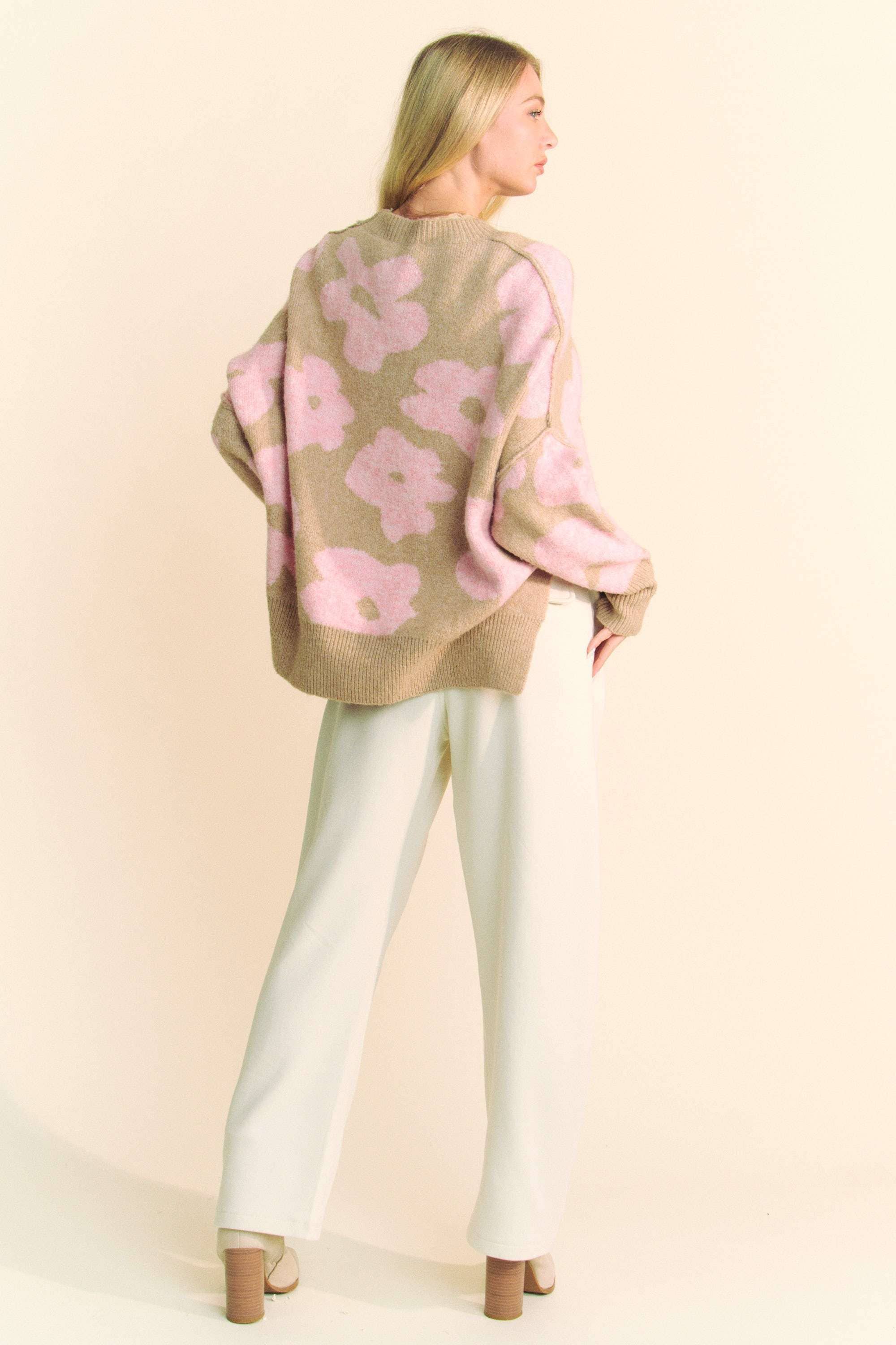 FLORAL LONG SLEEVE LOOSE FIT PULLOVER KNIT SWEATER
